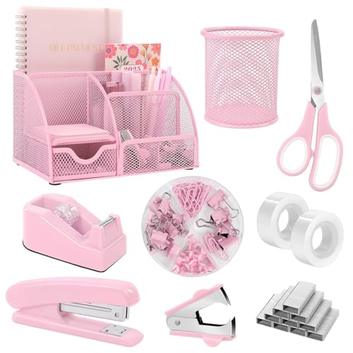SKYDUE Pink Desk Accessories, Pink Office Supplies Set, Mesh Desk Organizer, Stapler, Tape Dispenser, Scissors, Binder/Paper Clips and 1000pcs Staples,Desk Organizer for Women