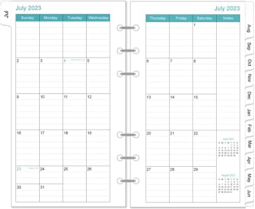 2023-2024 Monthly Planner Refills, 18 Months Runs from July 2023 to December 2024, Two Pages Per Month, 6-Hole Refill Planner with Tabs, Person Size/Size 3, 3.75" x 6.75", Teal Leaf