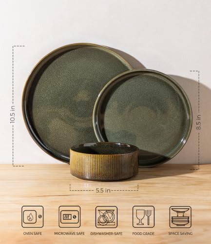 Image of Ceramic Dinnerware Set for 6, 18-Piece Plates and Bowls Set | Lightweight Porcelain Dish Set, Scratch Resistant, Oven & Microwave & Dishwasher Safe, Olive Green