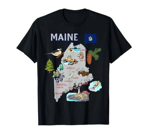 Map of Maine State, Landmarks, Major Cities, Flag, USA T-Shirt