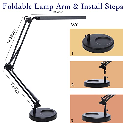 Led Desk Lamp With Clamp And Round Base, Swing Arm Eye Caring Table Lamp, 3 Color Modes 10 Brightness Levels, Memory Function Lamp With Usb Adapter, Desk Light For Home Office 14W Black #TOP5