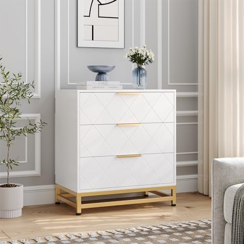 TUFSPRAX Grand capacité de Rangement – Commode 3 tiroirs Moderne pour Chambre à Coucher, Design épuré, Bois de qualité, Larges tiroirs, poignées métalliques, adaptée Salon ou entrée – Coloris : Blanc