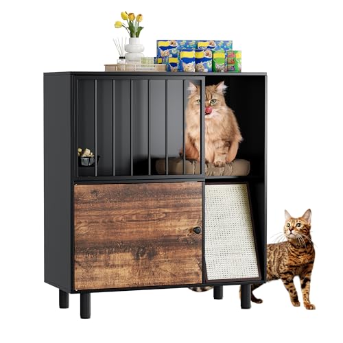 Cat Feeding Station, Dog Proof Cat Feeding Station with Scratching Board, Elevated Food Bowls with Stand, Pet Food Storage with 2 Stainless Steel Bowls, Large Pet House