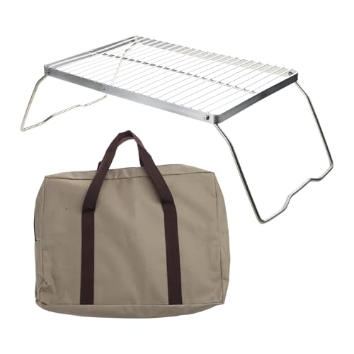 LLINthy Parrilla de camping al aire libre, práctica rejilla de acero inoxidable con patas y bolsa de transporte, parrilla de cocina al aire libre