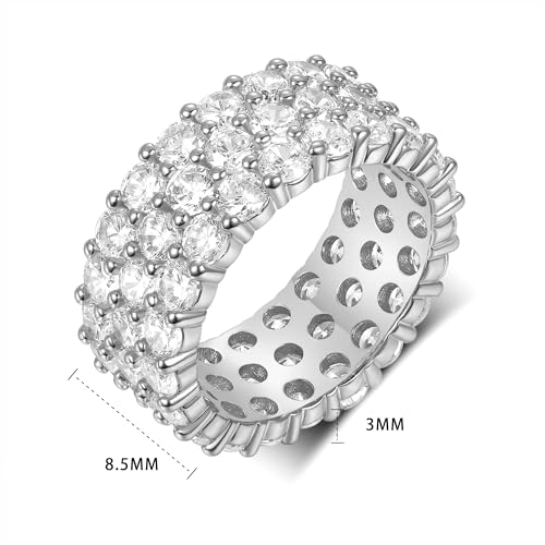 MDFUN 18K White Gold Plated Round-Cut 3 Row Cubic Zirconia All-Around Band Ring Cocktail Jewelry for Women and Men Size 9 by MDFUN - Used condition - Image 6