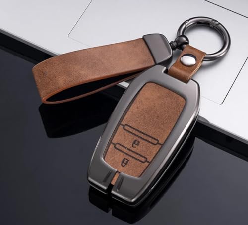 Image of Zinc Metal Alloy Leather Car Key Cover & Case Brown with Keychain & Holder Compatible for Maruti Suzuki Invicto (2 Button Push Smart Key)