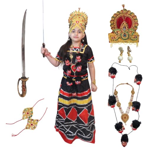 Image of Kaku Fancy Dresses Kali Mata Fancy Dress Costume for Girls | Maa Kali Devi Traditional Costume Set with Double Mukut, Mund Mala, Talwar, Earrings & Bajuband | Navratri, Durga Puja, Function- 7 To 8 Y