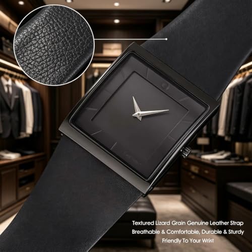 SIBOSUN Wrist Watch Minimalist Men Square Black Dial Business Style Quartz Analog, Classic Dial 1.6 Inch, Leather Strap 1.3 Inch by SIBOSUN - Used condition - Image 5