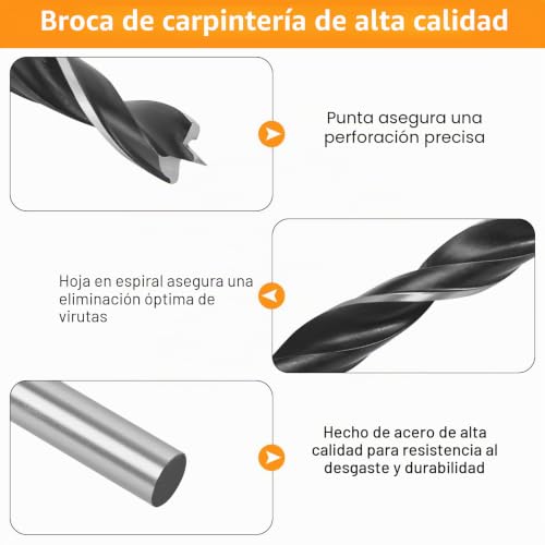Miniatura 3 de Juego De Brocas Para Madera 4, 5, 6, 7, 8, 10, 12 Mm X 300 Mm De Largo, Brocas En Espiral Para Madera Dura, Madera Blanda Y Contrachapada