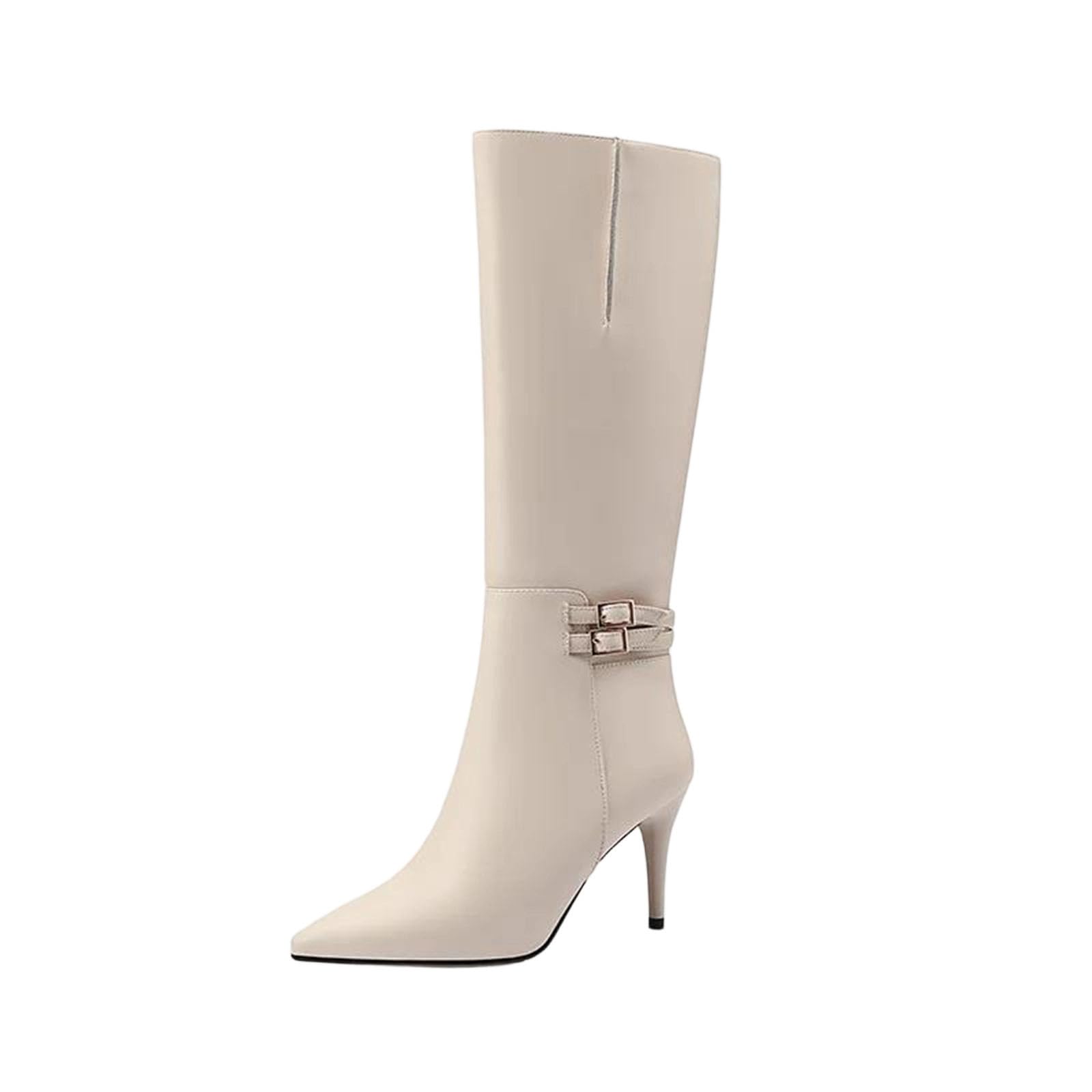 Women Leather Knee-High Boots High Heel Pointed Toe Sexy Winter Shoes Ladies Large Size