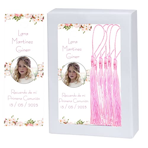 Marcapáginas Comunión Niña. Personalizado con Foto. Kit de 36 unidades con Borla de seda a juego. 4 MODELOS a elegir. Recuerdo de Comunión niña. Hecho en España. (PRIMAVERA) Cover