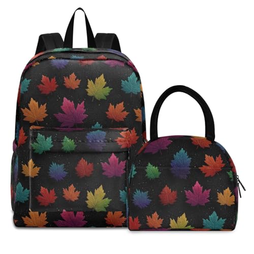 Colored Maple Print Backpack Set with Lunch Bag, Large Capacity Travel Backpacks and Lunch Box Insulated for Commute Hiking Picnic