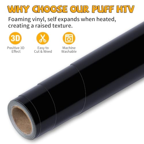 Image of VinylRus Heavy Duty Puff HTV Heat Transfer Vinyl Roll, Black, 12 inch x 5FT