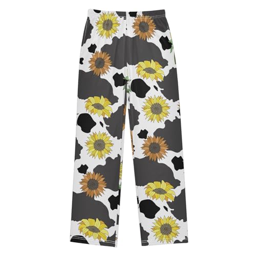 visesunny Boys Pants Black White Cow Sunflower Soft Long Bottoms Jogger Pants Elastic Waist Trousers with Pockets XL
