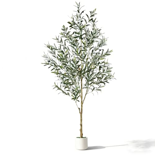 BESTONE Artificial Olive Tree with Elegant White Pot Realistic Faux Plant for Indoor/Outdoor Use Natural Wood Trunk & Faux Fruits - Modern Floor Decor for Home Office Living Room (182cm)