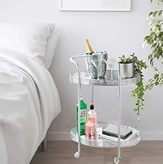 KHAPALWAK New Deco Glamour Drinks Trolley, Silver - Stylish Metal Serving Cart with 2 Glass Shelves, Mini Bars for Home, 2-Tier Deluxe Serving Cart for Living Room, Dining Room,(Silver, Round)
