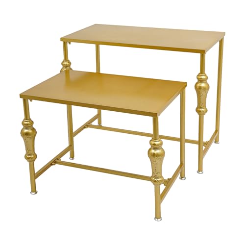 FUODIHEE Industrial Display Tables,Set of 2 Standing Display Table, Height Adjustable Metal Nesting Tables Display Stand, Retro Style Boutique Display Shelves for Retail Store, Clothing Store, Gold