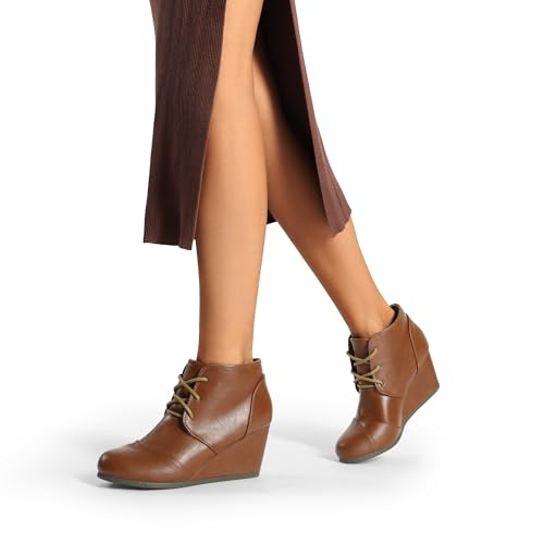 DREAM PAIRS TOMSON Women's Casual Fashion Outdoor Lace Up Low Wedge Heel Booties Shoes TAN PU 7.5 B(M) US