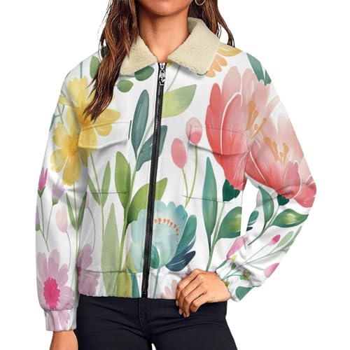 Chaqueta de forro polar para mujer con cremallera completa y estampado floral de margaritas