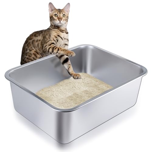 Stainless Steel Cat Litter Box - Metal High-Sided Litter Pan for ...
