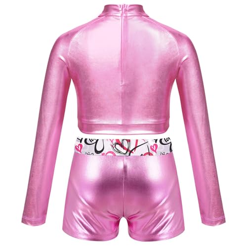 Girls Shiny Dance Clothes Suit Turtleneck Crop Top with Booty Shorts Athletic Outfits for Gymnastics Workout Tracksuit2