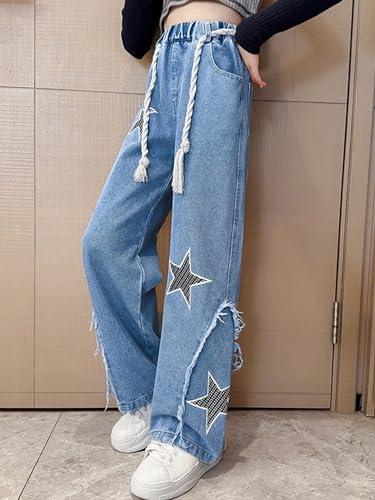 ACSUSS Kids Girls Jeans Stars Shape Denim Pants Elastic Waist Wide Leg Jeans Summer Casual Jeans3