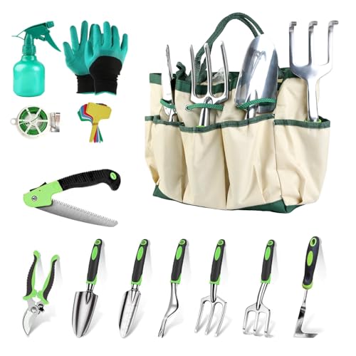 Image of TeqHome Garden Tool Set, 13PCS Aluminum Alloy Heavy Duty Garden Tool Kit with Non-Slip Ergonomic Handle, Storage Bag & Gloves, Gardening Gifts for Women and Men