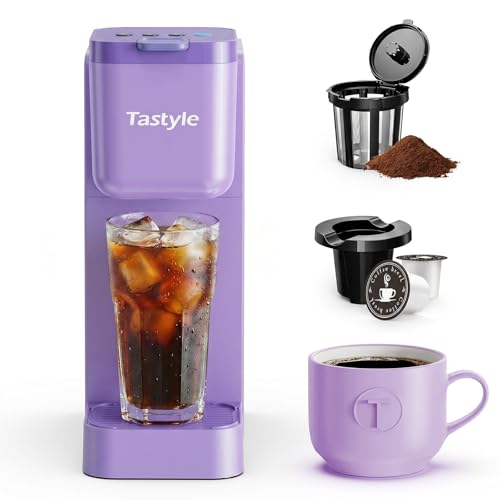 Image of Tastyle Single Serve Coffee Maker Hot and Iced with Bold Brew, Up to 16 Oz | for K Cup and Ground, Fits 7.3'' Travel Mug, 5 Cup Sizes, Compact for Office, RV& Hotel, K320, 3.0 Version, Pastel Purple