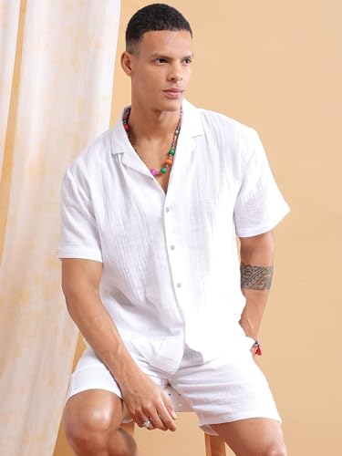Image of The Indian Garage Co Men Regular Fit Solid Resort Wear Shirt & Boxers Co-ords Set
