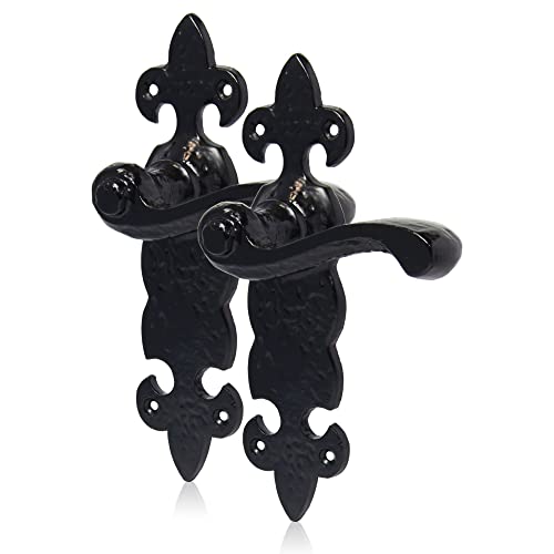 XFORT Smithy's Range Fleur De LYS Lever Latch Solo Black Antique Door Handles, Cast Iron. Rustic Latch Door Handles Set for Internal Wooden Doors.