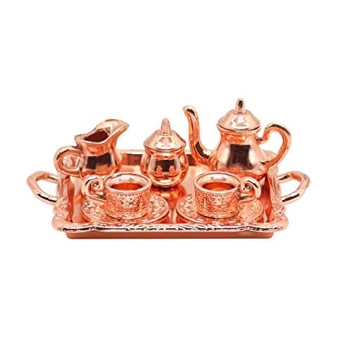 Hiawbon 10 Pcs Dollhouse Accessories Miniature Rose Gold Alloy Tea Lid Pot Cups Tray Set for 1:12 Dollhouse Mini Dollhouse Furniture Decoration Cover