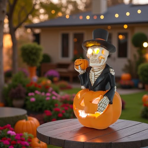 Image of Solar Outdoor Decorations Wizard Skeleton with Pumpkin Figurine Lights, Fall Pumpkin Garden Decor for Yard Patio Porch, LED Skull Gothic Party Accessories, Home Gift for Mardi Gras Shrove Tuesday