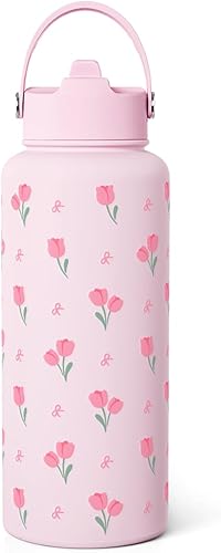 Miniatura 12 de SANDJEST Botella de agua con arco rosa de acero inoxidable aislada al vacío de 32 onzas con tapa, regalos para mujeres, niñas, adolescentes, Lazo