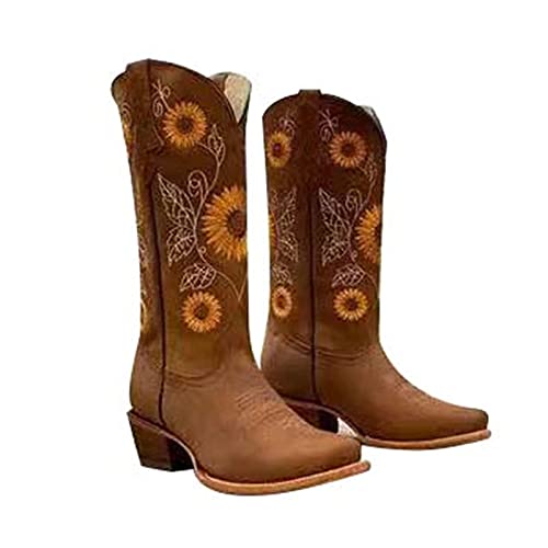 Cowboy Boots for Women Sunflower Embroidery Stitched Square Toe Low Heel Boot Mid-Calf Cowgirl Western Boots Ladies Pointy Toe Fashion Boots Khaki Brown Coffee US 5-10.53