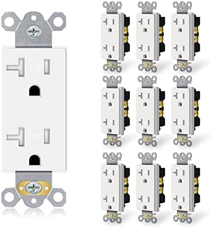 20A Duplex Receptacle Outlet, Standard Residential Grade Electrical Wall Outlet, 2 Pole 3 Wire Tamper-Resistant Receptacle, Self-Grounding, Child Proof, Commercial Use, UL 498 Listed, White, 10 Pack