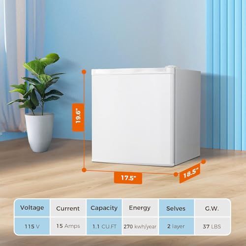 Kismile Mini Freezer,1.1 Cu.ft Upright Freezer with Reversible Single Door,Removable Shelves,Small Freezer with Adjustable Thermostat for Home/Kitchen/Office (White)