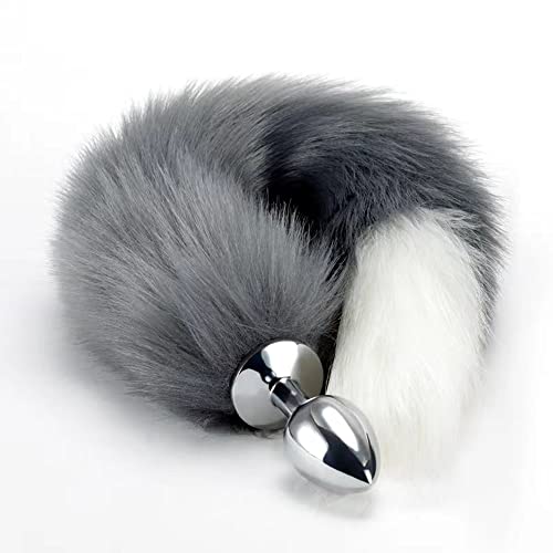 OOIIXX Anal Plug with Sexy Tail for Cosplay Adult Sex Toys of Stainless Steel Anal Plug (Gray-White Medium)
