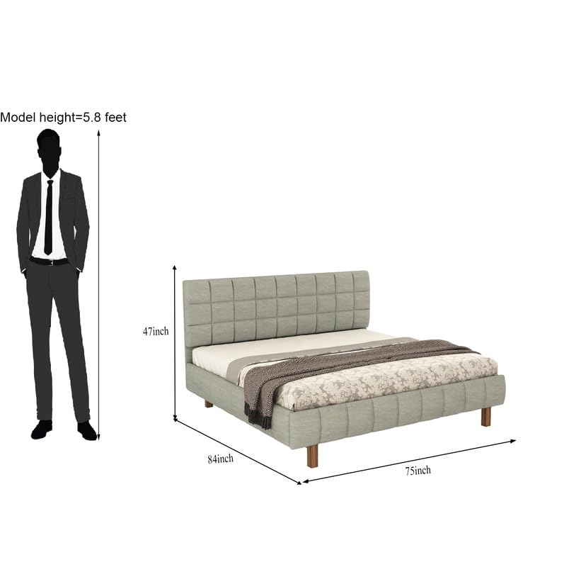 Image of MODESTY WOODS Queen Size Upholstered Bed Without Storage | Solid Sheesham Wood Wooden Cot with Cushioned Fabric Headboard | Modern Double Bed for Bedroom | Grey