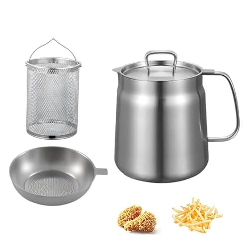 UGCER Ölfiltertopf aus Edelstahl 304, Fettbehälter mit feinmaschigem Sieb, multifunktionaler Frittieröl-Aufbewahrungstank mit Frittierkorb für die Küche,1.5L