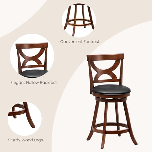 COSTWAY Butaco Set de 2, Sillas giratorias de 24 pulgadas con cojín suave y respaldo hueco elegante, reposapiés de madera de caucho, taburetes giratorios tapizados para isla de cocina, pub, café miniatura 6