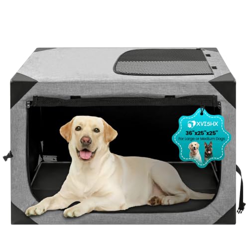 Dog Crate,36x25x25 Inch Large Dog Crate for Large or Medium Dogs, Portable and Foldable Design of Dog Cage, Perfect for Travel or Home Use, Dog Kennel with 2-Door and Durable Mesh Windows, Light Grey