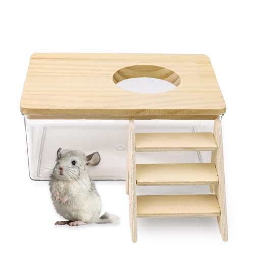 ASTIMESA Plastic Hamster Sand Bath Container with Ladder, Clear Hamster Litter Box Tub Wood Cover for Chinchilla Pet Gerbil Guinea Pig Digging Small Animal House Rectangle