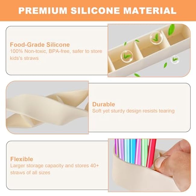 9.6'' Large Straw Holder for Cabinet Door, Soft Silicone Straw Organizer Storage Container with Double Sided Adhesive Tape, Space-Saving Kitchen Organizer Accessories for Cabinet Cupboard Counter RVs