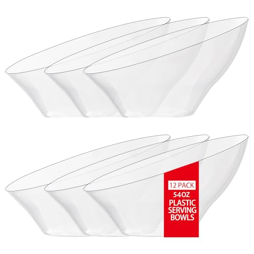 bUCLA 54 OZ Clear Plastic Serving Bowls (12 Pack) – Angled Serving Bowls Disposable for Chip&Candy – Party Table Salad and Fruit
