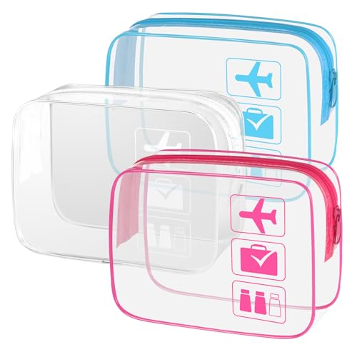 Sogiv 3Pcs TSA Approved Clear Travel Toiletry Bag, Unisex, White+Blue+Pink, 8.3 x 6.3 x 2.4 inches, Waterproof, Easy to Clean, Cosmetic Case, Travel Organizer