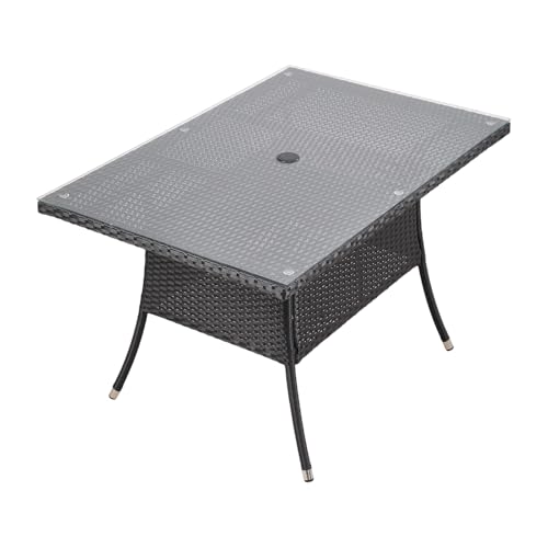 Warmiehomy Rattan Garden Table 120x80cm Outdoor Dining Table with Tempered Glass Tabletop Wicker Patio Tables with Parasol Hole Black Outdoor Side Tables