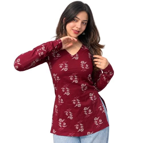 Image of Women Pure Cotton Floral Printed Short Kurti | Square Neck | Full Sleeves | Stylish Ethnic Kurta | Back Tie-Up | Casual Wear Kurta