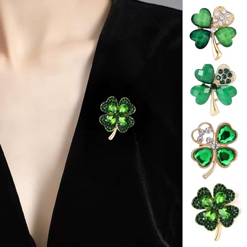 Image of 4 Leaf Clover Brooch Pin for Women St Patricks Day Accessories,Green Crystal Rhinestone Irish Shamrock Clover Pin Brooch Lucky Decor Dress Accessories St Patrick's Day Holiday Christmas Jewelry Gift