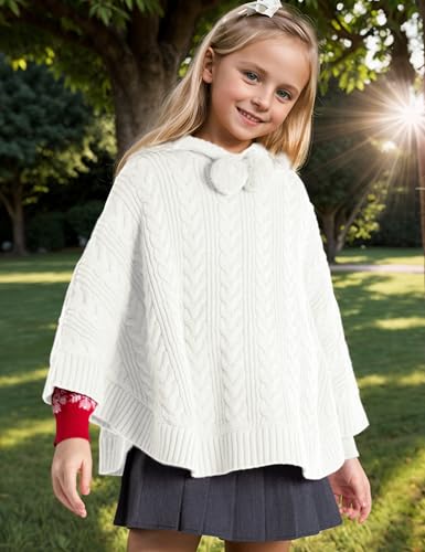 BOBOYOYO Cape for Girls Hooded Cable Knit Poncho Sweaters Kids Shawl White — view 4