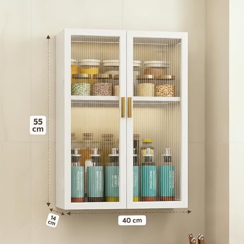 Image of MIORAH Kitchen Storage Cabinet | Modular Wall Mounted Kitchen Cabinet Organiser |2 Layer, Space Saving Carbon Steel Shelf, White, 40 cm, Pack of 1